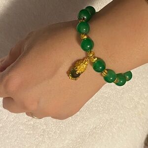 Green Gold Charm Bracelet 💚 Jade-Inspired Handmade | Hamsa Protection Style